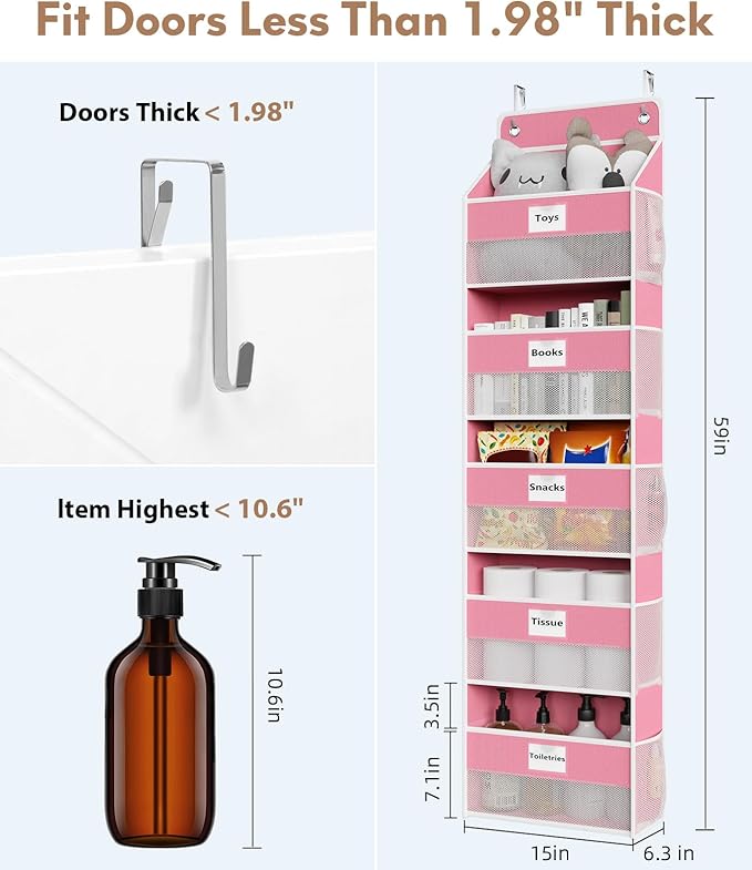 Optish Over The Door Organizer Hanging, 2 Pack 5 Shelf Behind The Doors Storage, Pantry Door Organizer, Closet Organizers for Bedroom and Nursery (Pink)