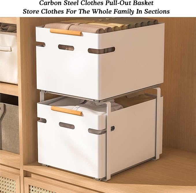 Pull Out Storage Basket,bedroom Closet Storage Racks,2-tier Stackable Storage Bins,20kg Weight Capacity,for Kitchen Bathroom Cabinets(Black,43x32x25.5cm)