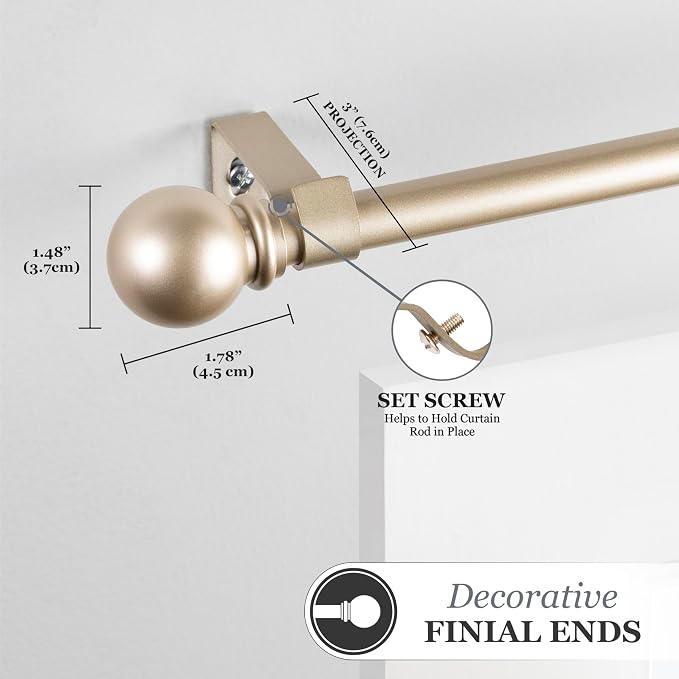 Kenney – Chelsea Curtain Rod, Durable 5/8" Steel Rod with Decorative Ball Ends, Adjustable 28–48" for Light to Medium Weight Curtains, Soft Brass Gold
