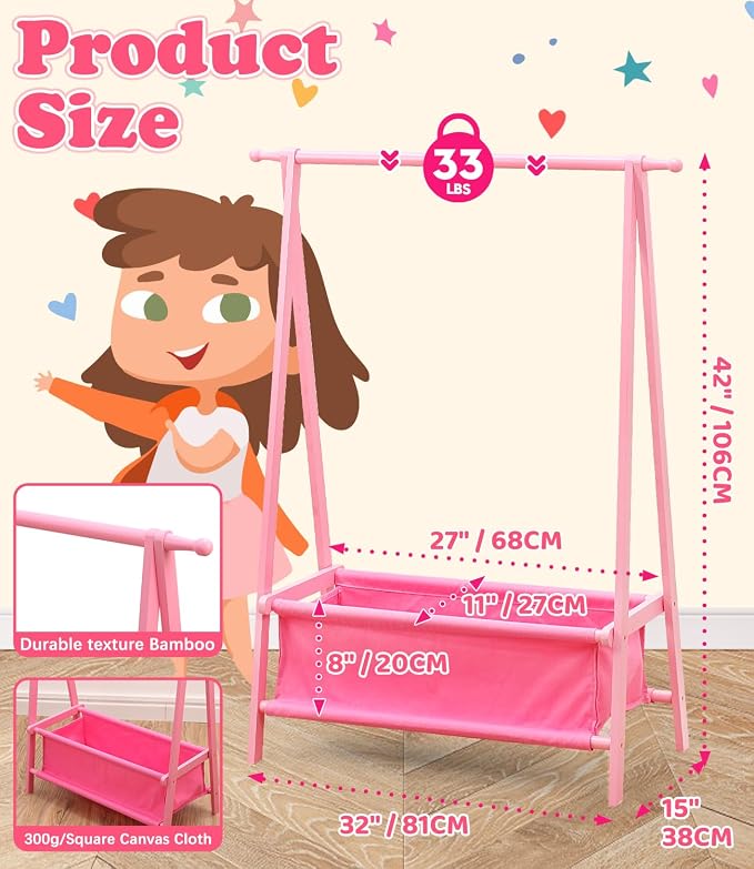 Kids Clothing Rack with Storage, Dress Up Rack, Child Clothes, Small Garment, for Costume, Bamboo (Pink)