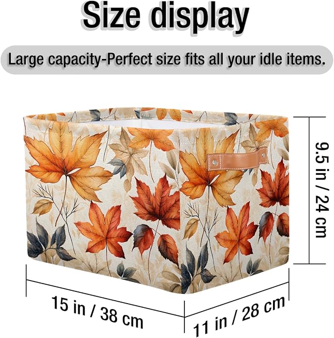 Rectangular Storage Bins Autumn Maple Leaves Pattern Collapsible Fabric Storage Basket Organizer with Handles for Nursery Bedroom Bathroom