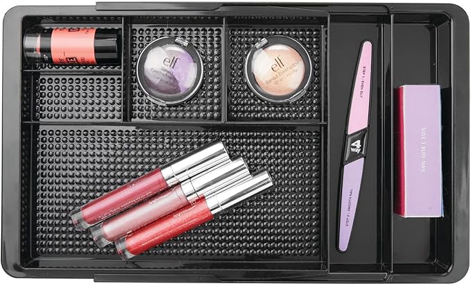 mDesign Expandable Plastic Drawer Organizer and Storage Container for Office Supplies - Gel Pen Pencil, Marker, Stationary, Desk Supply Holder for Drawers and Desktop - Lumiere Collection - Black