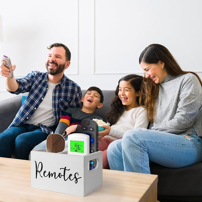Remote Control Holder, Wooden TV Remote Holder for Table, Remote Caddy Organizer with 2 Compartments, Media Storage Box for Nightstand, Couch (White)