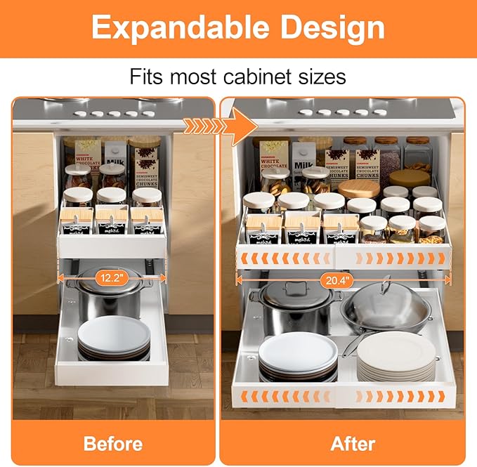 2 Pack Pull out Cabinet Organizer Expandable Width(12"-20") and 21"Depth, No Drill Adjustable Slide Out Drawers for Kitchen, Cabinets With 3 Slide Rails,Magnetic Panel, Adhesive Roll out Shelves