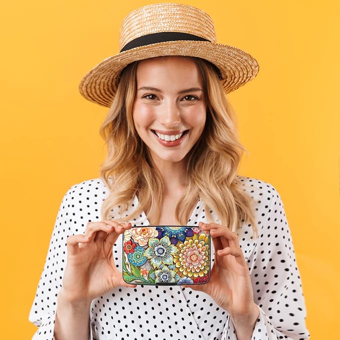 Credit Card Holder for Women, Small RFID Metal Credit Cards Wallets Cute Business Card Holder Pocket ID Case, Mandala Flower