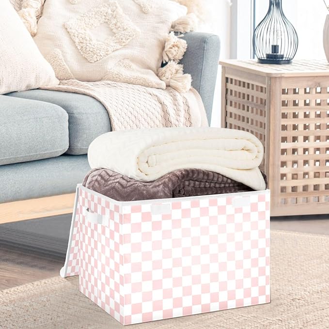 CaTaKu Large Fabric Storage Bins With Lids,Pink Checkered Racing Storage Boxes With Handles for Organizing Clothes, Collapsible Storage Cube Bins Baskets for Shelves