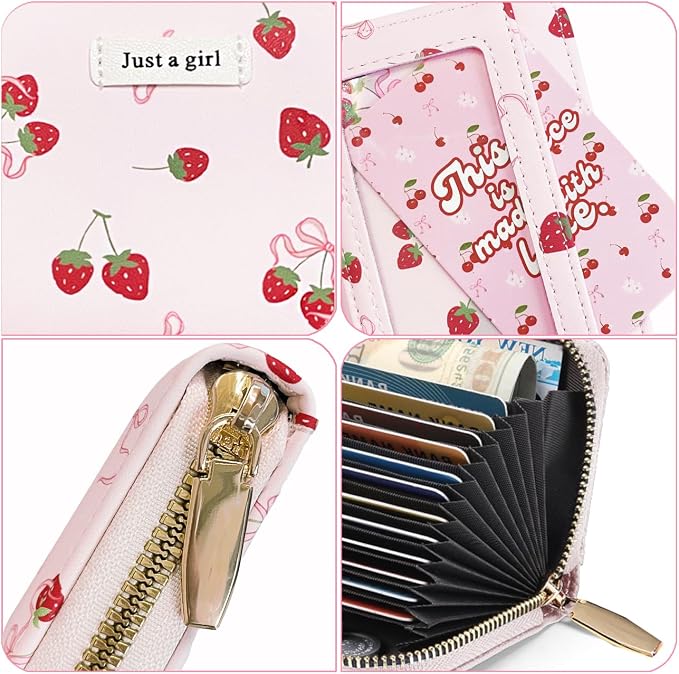 Sunwel Fashion Credit Card Holder for Women Small Accordion Card Cases with ID Window (PINK STRAWBERRY)