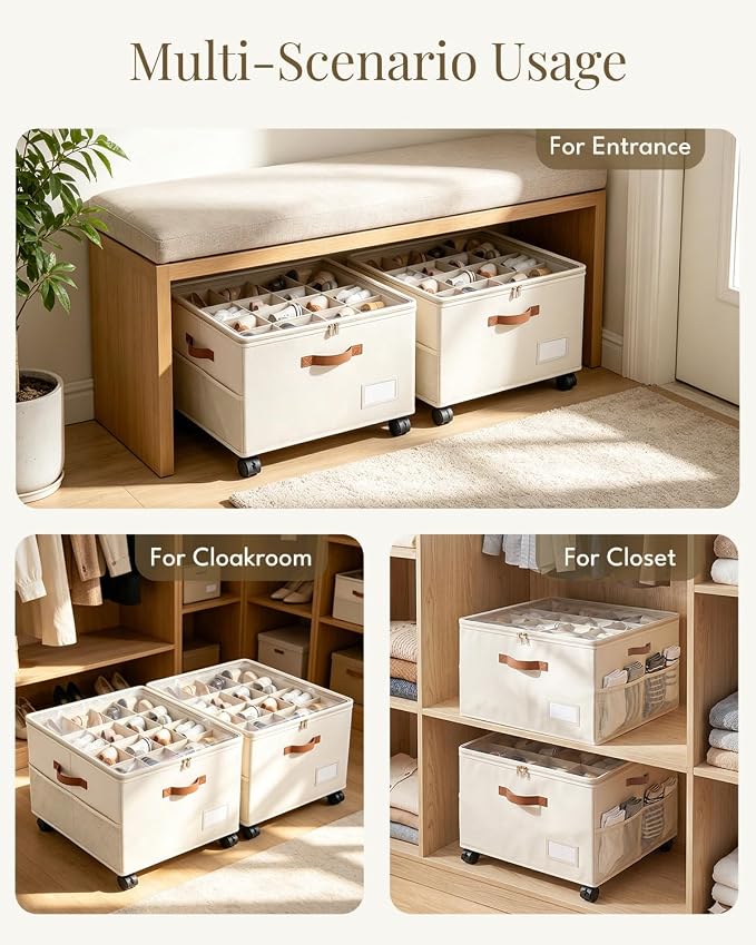 Shoe Organizer for Closet with Wheels - 2 Pack Shoe Storage Box Bin Cubes | Detachable Wheels | Fits 32 Pairs | Adjustable Dividers | Side Pockets | Clear Cover | Foldable | Stackable | Label Holder