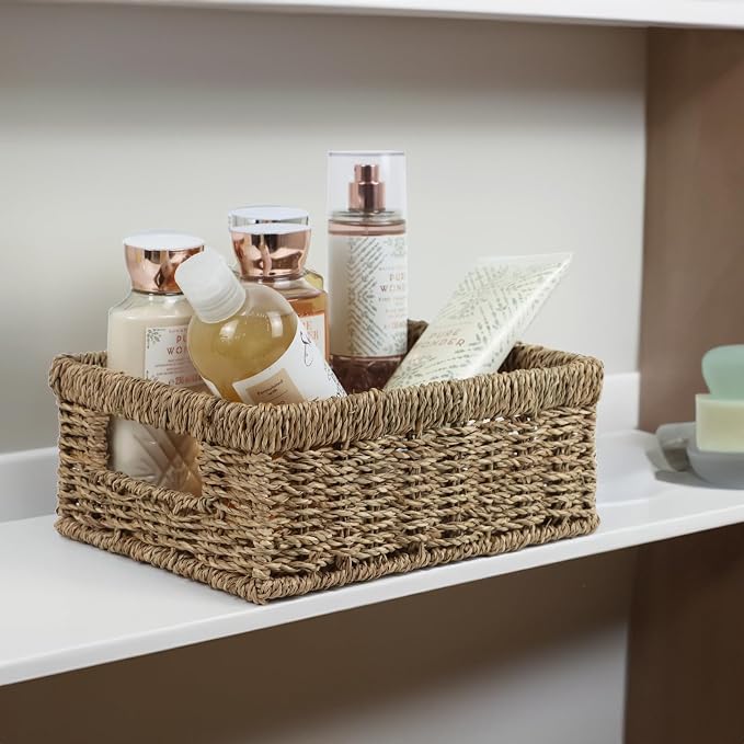 Wicker Baskets, Baskets for Organizing, Rattan Woven Basket for Storage, Organizer Bins with Built-in Handles, Storage Basket for Shelves (Seagrass, Small)
