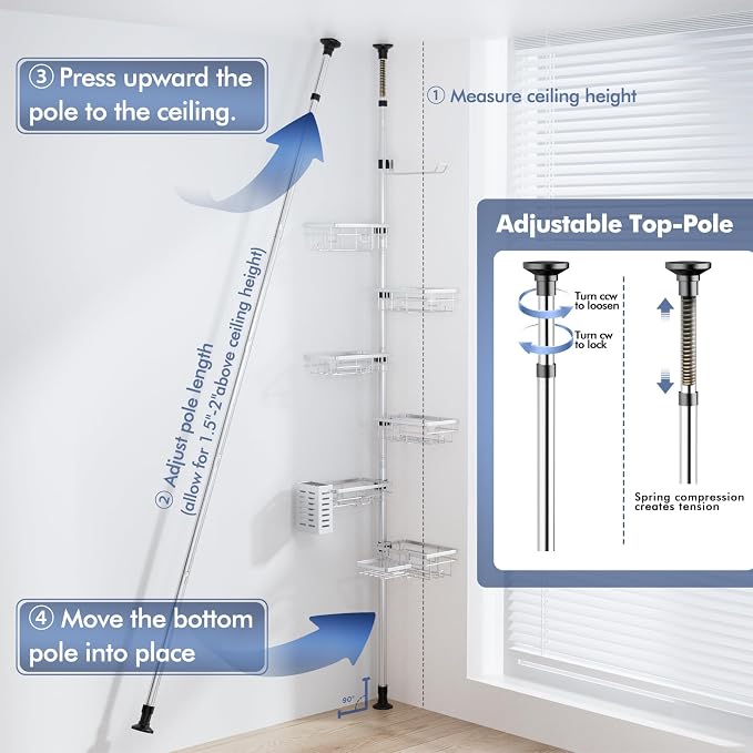 Vatex Shower Caddy Corner Tension Pole, Stainless Steel Rustproof 6 Shelves Bathroom Organizer with Towel Bar & Toothbrush Holder, Adjustable Shower Shelf for Renters - Family Stand Storage Rack