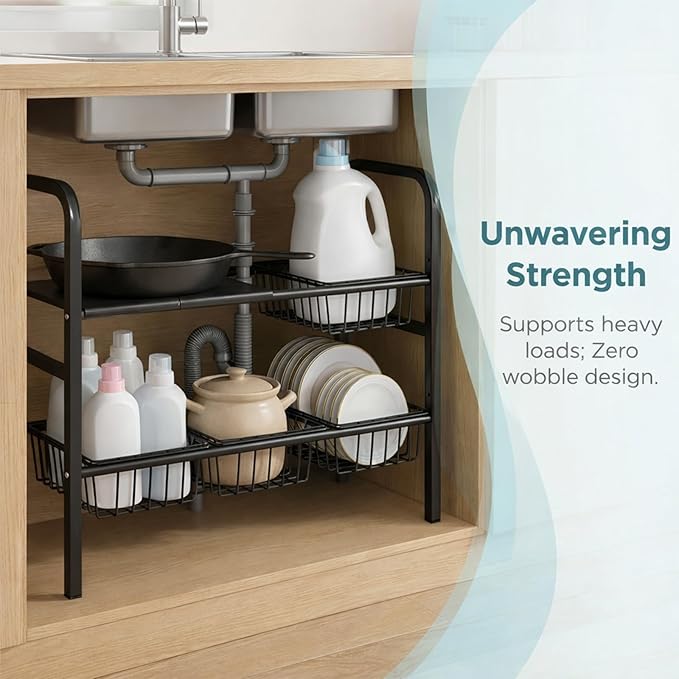 Under Sink Organizers – Expandable 2 Tier Under Cabinet Storage Rack with Adjustable Shelves, 4 Baskets & Panels, Heavy Duty Metal, Fits Around Pipes for Kitchen & Bathroom (Black)