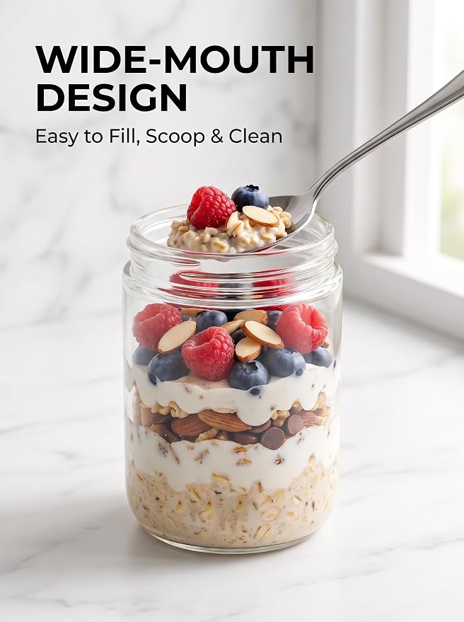 6-pack 16 oz Overnight Oats Containers with Lids | Mason Jars with Airtight Lids, Wide mouth Mason Salad jars, Yogurt Parfaits, Smoothies, Salads (16oz - 6pcs)