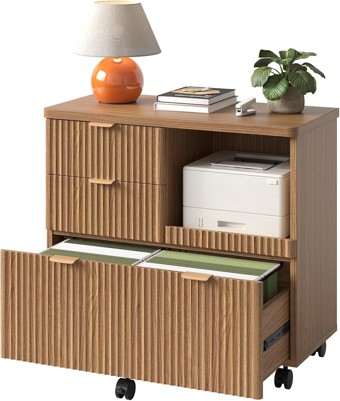 Bestier 3 Drawer File Cabinet, Decorative Fluted Wood Lateral Filing Cabinet with Caster for Home Office, Fits for A4/Letter/Legal-Sized Files, Printer Stand with Open Storage Shelves, Brown