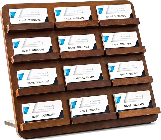 Leinuosen 4 Tier Wood Multiple Business Card Holder Desktop 12 Slot Business Card Holder for Desk Gift Postcard Display Rack Pamphlet Display Stand for Office Meeting Home (12.6 x 12.99 Inch)