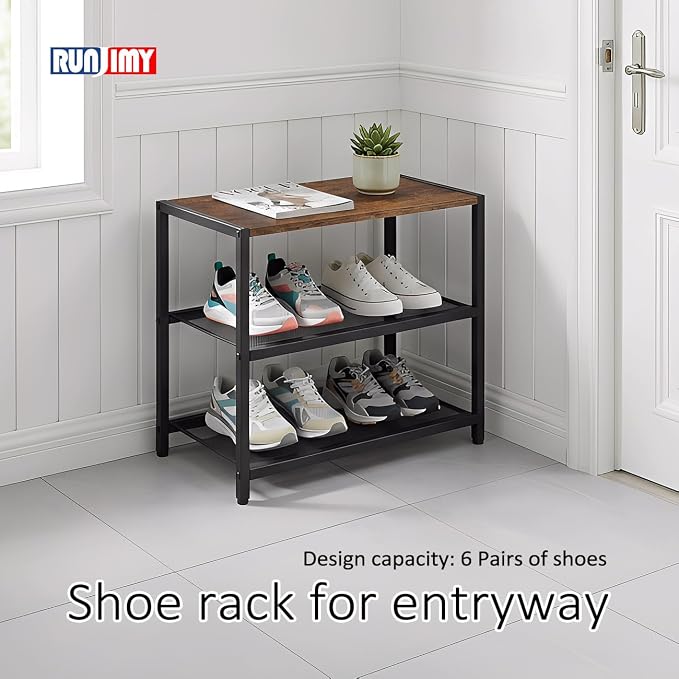 Small Narrow Shoe Rack for Entryway, 3-Tier Metal Wood Shoe Shelf | Shoe Storage Organizer, Holds 6 Pairs, Wooden Table Top, Mesh Shelves, for Front Door Entrance Closet Floor Hallway Bedroom
