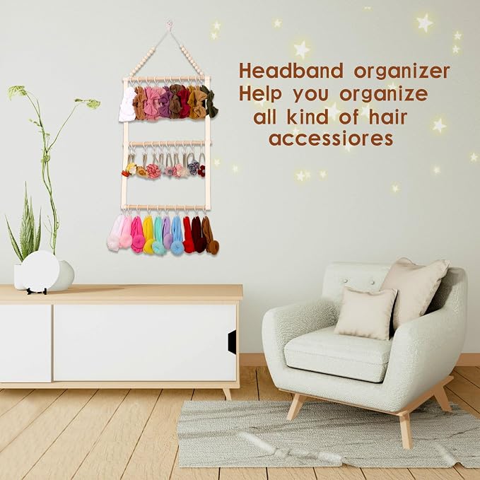 YOcity Headband Holder Organizer for Girls Baby Headbands Hair Accessories Organizer Hair Bows Storage Hanging Decor for Nursery Toddler Girls Room (Beige)