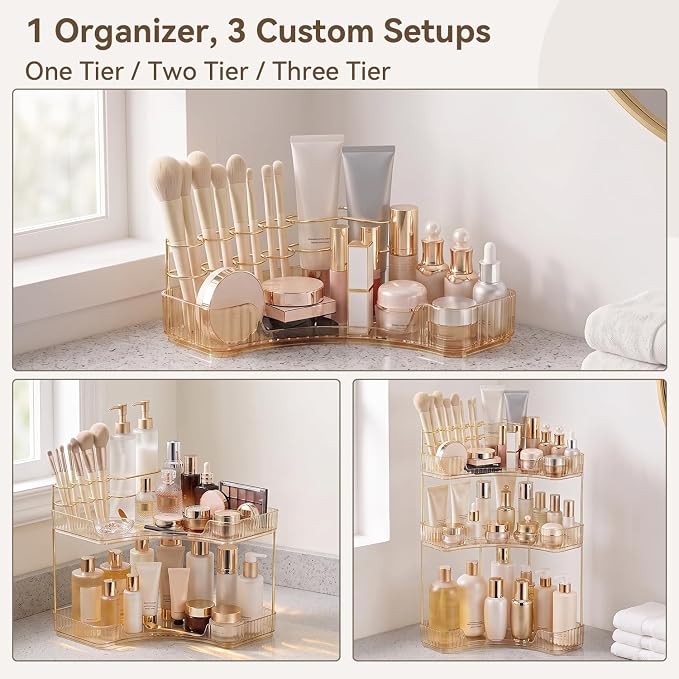 3-Tier Corner Bathroom Counter Organizer with Makeup Brush Holder, Gold | Large Makeup Organizers for Vanity, Corner Bathroom Countertop Organizer for Cosmetic Perfume Skincare Storage