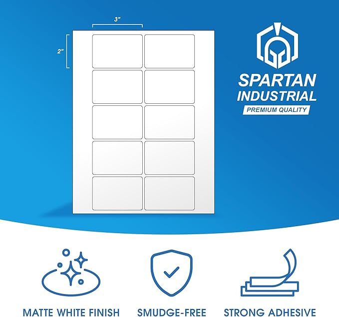 3" X 2" Matte White Printable Shipping Labels (100 Sheets, 1000 Stickers) Mailing and Address Labels, Product Packaging Stickers for Laser & Inkjet Printers - Spartan Industrial Template R011