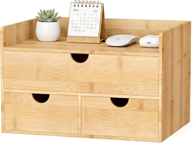Bamboo Desk Organizer with Drawers, Desktop Storage for Office Supplies | 3 Drawers Desktop organizer, No Assembly Required, Natural Wood Wooden Desktop Drawers Box for Bills, Cosmetics, Seals, Paper