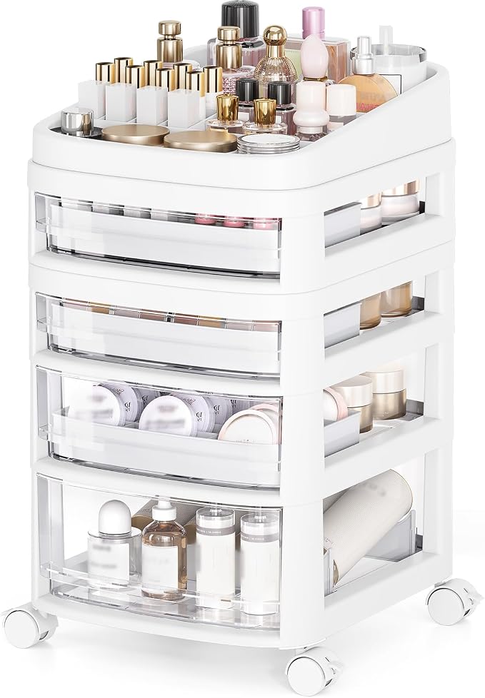 Rolling Cart with 4 Drawers, Clear Plastic Drawer Organizers, Dust Proof Under Desk Storage for Makeup, Skincare, Art Crafts and Baby Items, Acrylic Cosmetic Organizer with Dividers, Vanity Cart