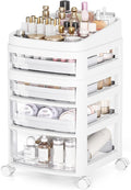 Rolling Cart with 4 Drawers, Clear Plastic Drawer Organizers, Dust Proof Under Desk Storage for Makeup, Skincare, Art Crafts and Baby Items, Acrylic Cosmetic Organizer with Dividers, Vanity Cart