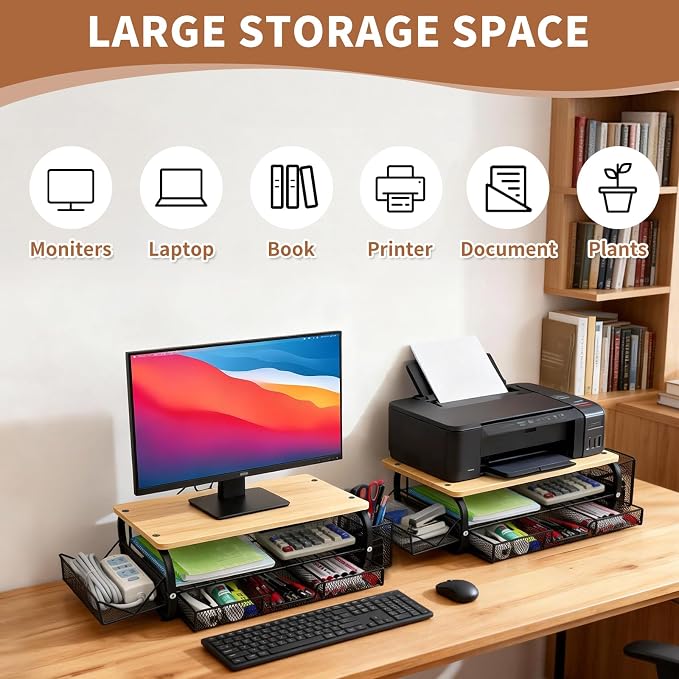 Desk Organizers and Accessories Monitor Riser, Monitor Stand with Drawer (2-Tier Drawers) with Large Side Storage Rack & Cable Management,66LBS/30KG, Office Organization, Oak