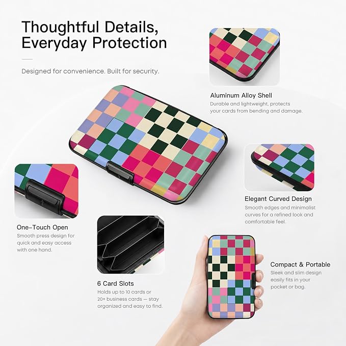 Credit Card Holder Multicolor Checker Mini Aluminum Wallet | Women Men, Slim Design, RFID Blocking, Metal Business ID Case