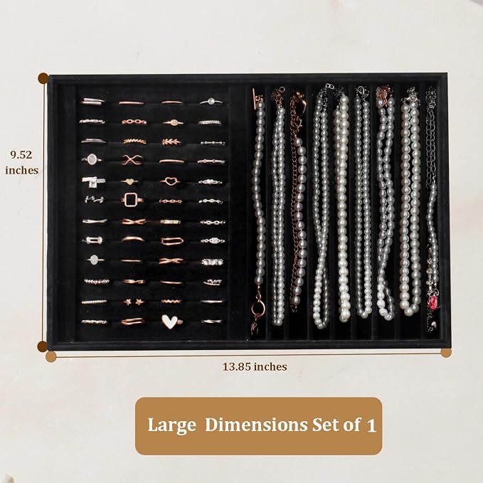 Large Jewelry Organizer for Drawer Insert Velvet Stackable Jewelry Trays for Earring Necklace Bracelet Ring Display (Black, Ring and 9 Grids)