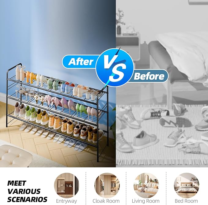 3 Tier Shoe Rack for Closet, 44 Inch Extra Long Shoe Storage Organizer for Shelves, Heavy Duty Metal, Easy Assembly, Black