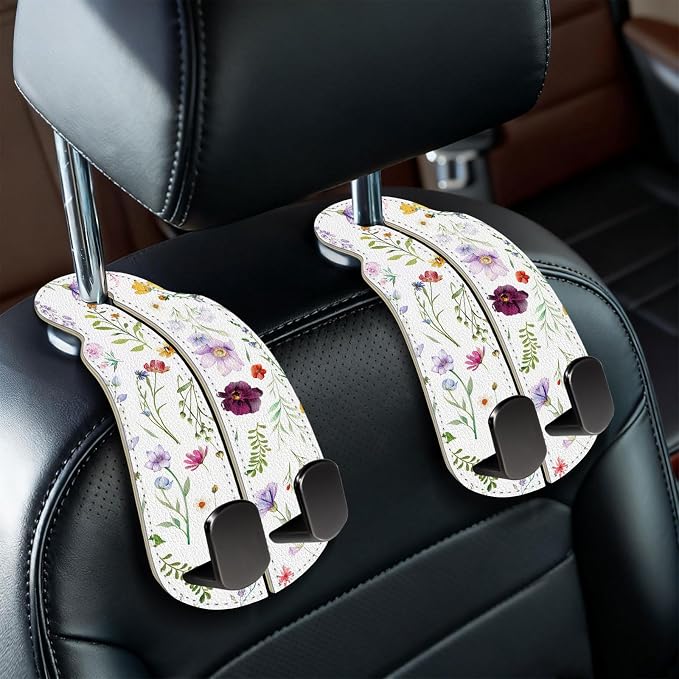 Blusabaca 2PCS Car Seat Headrest Hooks, Purses Bags Holder, Flowers Floral | PU Leather, Double Metal Back Storage Hangers for Grocery Bags Handbags Bottles Coats Phones, Car Accessories Organization
