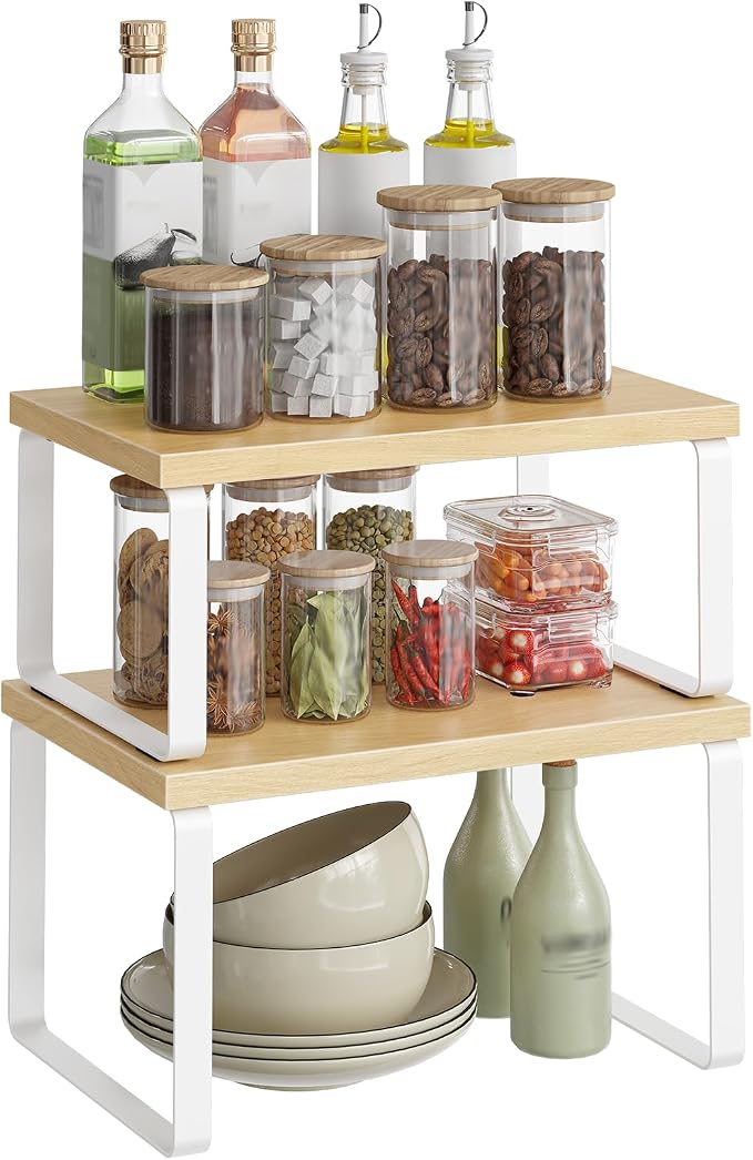 HOOBRO Cabinet Organizer Shelf, Set of 2, Kitchen Countertop Organizer, Kitchen Countertop Shelf, Spice Rack for Counter, Stackable, Expandable for Cabinet, Kitchen, Natural and White WN33TL01