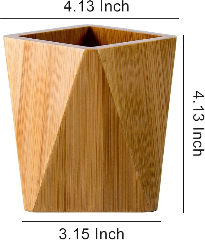 Bamboo Wood Pen Holder Stand for Desk Geometric Pencil Cup Pot Cute Desktop Office Supplies, Makeup Brushes Organizer (Bamboo)