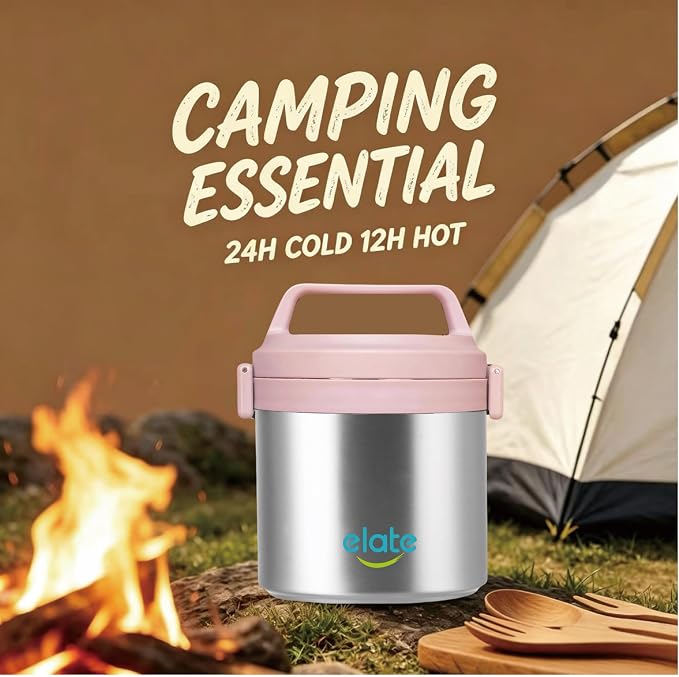 Elate 64oz Vacuum Insulated Food Jar for Hot Food, Large Soup Thermos Stainless Steel Wide Mouth, Camp Crock Thermal Food Container for Camping, Potluck & Family Meals (12H Hot / 24H Cold)- Pink