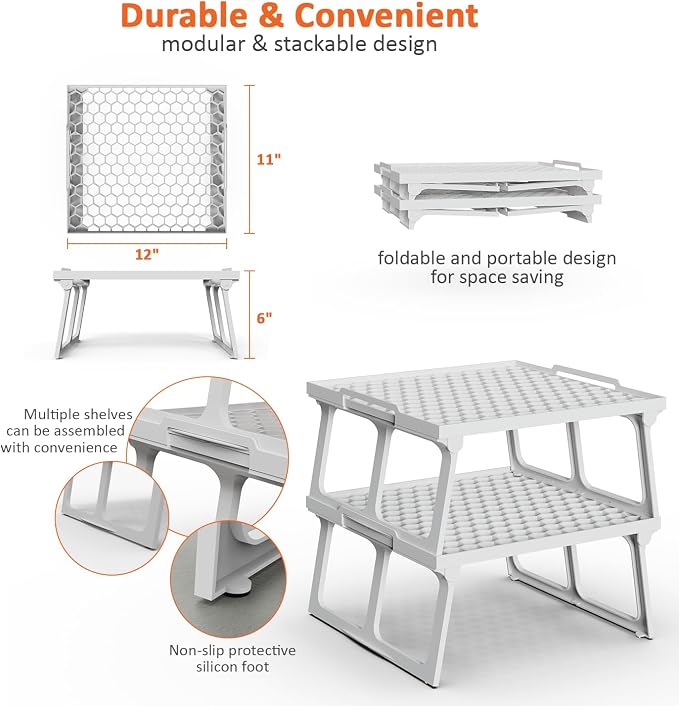 ums Plastic Kitchen Cabinet Shelf Organizer, White Plastic Stackable Freezer Rack, Shelf Riser, Usable Storage Rack for Your Spice, Refrigerator, Pantry (12 X 11 inch) Fridge Shelf Riser Pack Of 2