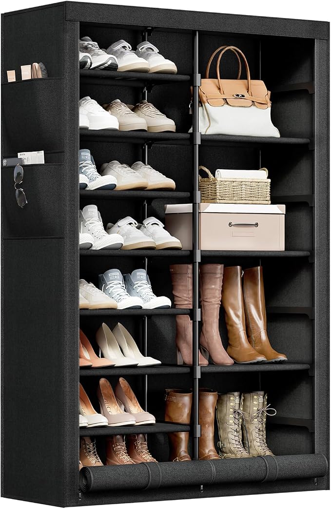 9 Tier Shoe Rack with Cover, Cabinet for 35 Pairs, Black | Holds boots, heels, sneakers. Flat top for bags/plants. Fits narrow corners. No tools, numbered parts, 30-min setup.
