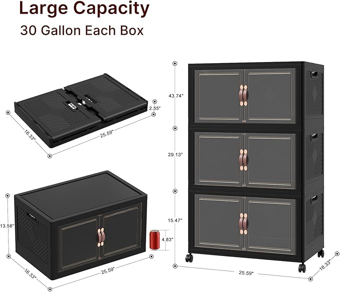 UAMFURI Stackable Storage Bins with Lids, 360QT Closet Organizers, Lockable Storage Cabinet, Foldable Storage Box with Doors and Wheels, Plastic Drawers for Home, Garage, Office (3, Black, Large)