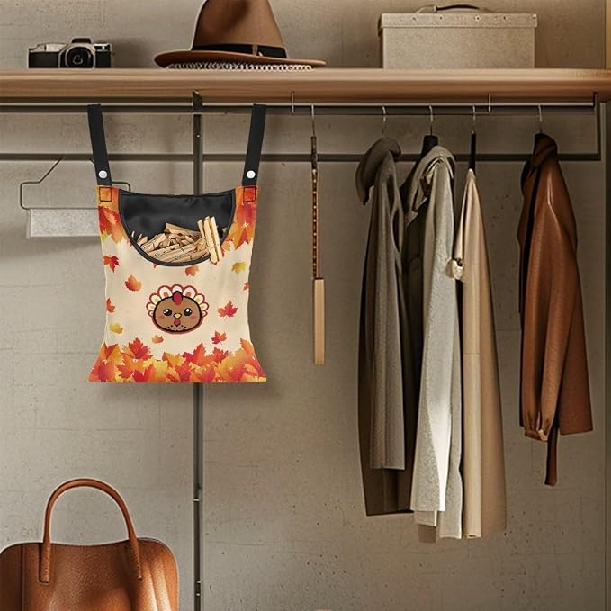Turkey Clothespin Storage Moon Hanger Bags Maple Leaf Laundry Clothespin Bag with a Large Opening, Waterproof Hanging Storage Organizer with Hanging Rope for Home Outdoor