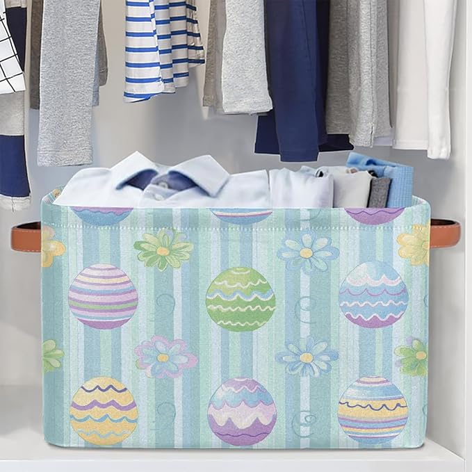 Rectangular Storage Bins Easter Egg Flower Stripes Collapsible Fabric Storage Basket Organizer with Handles for Nursery Bedroom Bathroom