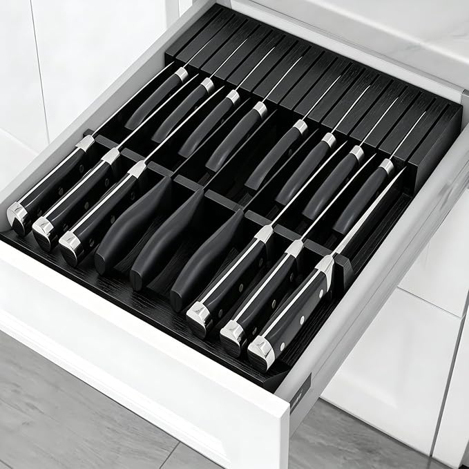 In-Drawer Black Knife Block, 17-Slot Anti-Slip Space-Saving Storage | Fits Most Standard Drawers | Holds Up to 17 Knives | Sleek Black Painted Frame | Secure Stable Knife Drawer Insert Organizer