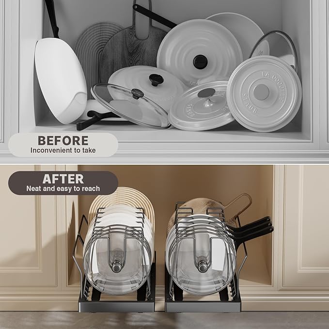 Magheo Pots and Pans Organizer Under Cabinet, 22" Deep Expandable Pull Out Pot Lid Organizer and Storage with 10 Adjustable Dividers No Drill Pot and Pan Holder Rack with Handle Bracket(1 Pack,Black)