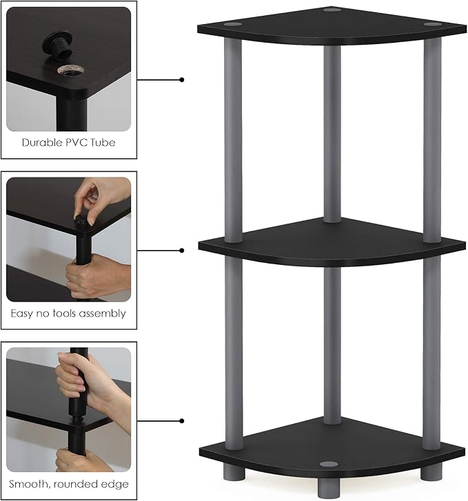 Furinno TURN-N-TUBE Corner Shelf, 3-Tier Corner Bookshelf, Display Storage Shelves with Open Shelves, for Organization and Storage, Living Room, Home Office, Garage, Black