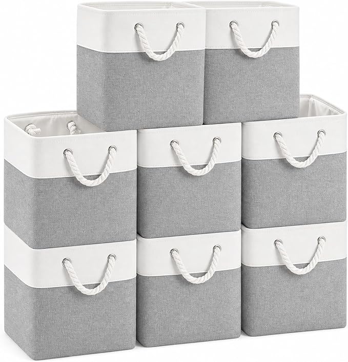 11x11 Inch Cube Storage Bins, 8 Pack Collapsible Fabric Storage Cubes with Rope Handles, Waterproof Foldable Storage Baskets for Cube Shelves, Closet, Clothes, Toys, Books, White & Gray