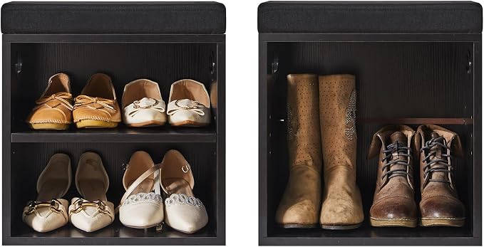 YMYNY Small Shoe Storage Bench with Cushion, Black, HBD028B | 2 Tier Entryway Bench with Storage, Small Shoe Rack Bench with Adjustable Shelf for Entryway 11 x 15.3 x 16.5 Inches