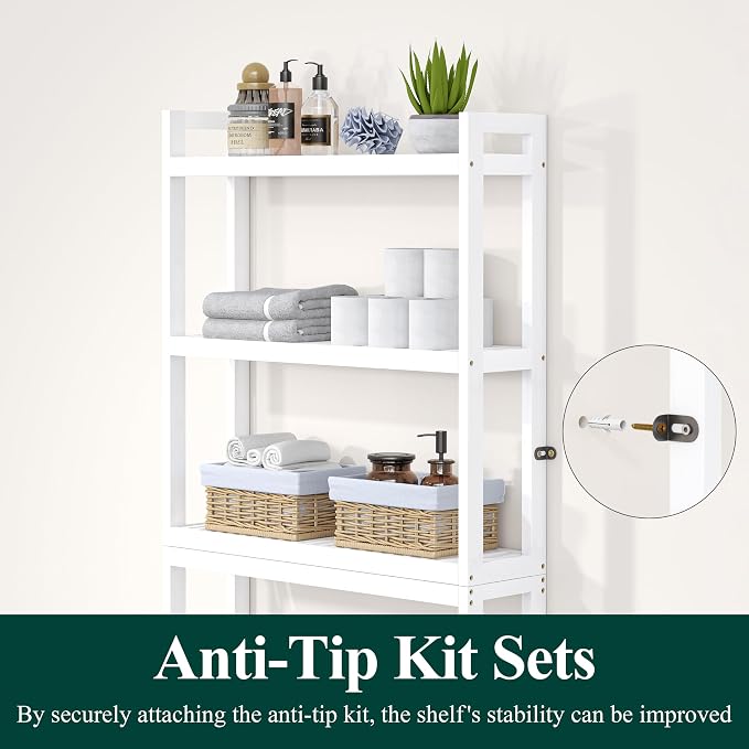 Smiry Over The Toilet Storage Cabinet, 3-Tier Bamboo Bathroom Organizers with Adjustable Shelf & 4 Hooks, Space Saving Shelf Rack for Bathrooms, Laundry Room, Balcony, White