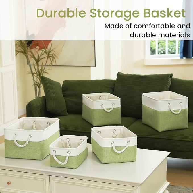 Large Storage Baskets- 15.7x11.8x8.26 inch Storage Bins for Shelves and Closet Organizing, Foldable Fabric Bin for Home Organization Clothes and Laundry (6-Pack, White&Green)