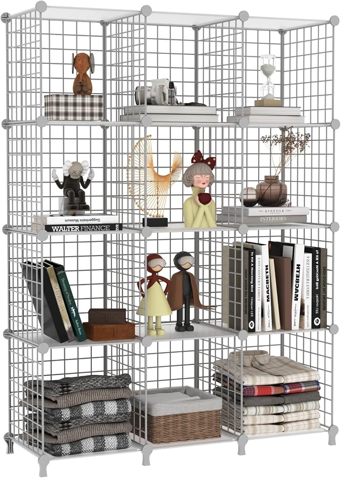 AWTATOS Wire 12 Cube Storage Organizer, Closet Storage Shelves Stackable | Metal Cube Storage Bookshelf, DIY Portable Closet Clothes Organizer, Wire Shelving for Bedroom, Home, Office White
