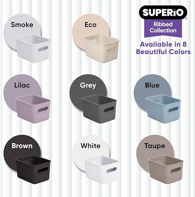 Superio Ribbed Collection - Decorative Plastic Basket Open Home Storage Bins Organizer, Small Lilac Purple (2 Pack) Container Boxes for Organizing Closet Storage Bins for Shelves 1.5 Liter