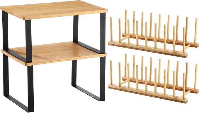 Marsui 4 Pcs Kitchen Organizer Accessories Set for Cabinet,Light Color | Cabinet Organizer Shelves, Bamboo Dish Drying Plate Rack, Wooden Counter Storage Holder, for Spice Dish Pot Lid Bowl Cup