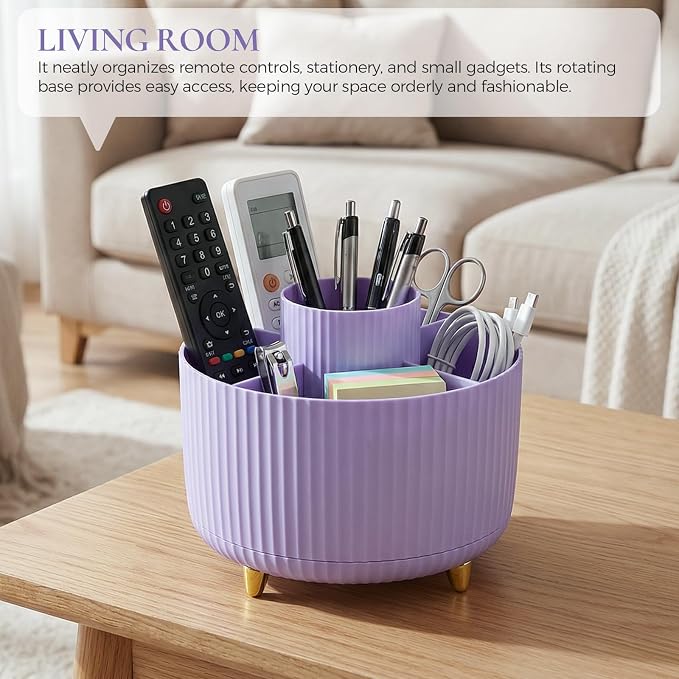 KONVINIT Pencil Pen Holder for Desk, 5 Slots 360-Degree Rotating Desktop Organizer, Cute Desk Organizers and Accessories for School, Home, Office and Art Supply, Purple