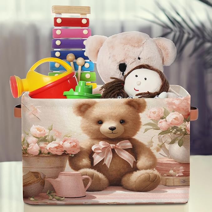 Rectangle Storage Baskets for Shelves, Bear And Roses Storage Cube Organizer Bins Collapsible Toy Basket for Nursery Home Room
